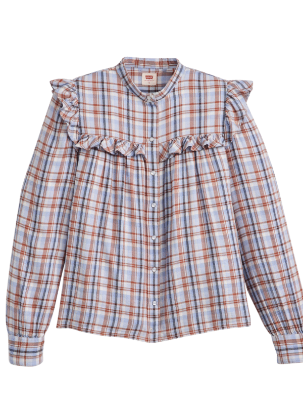 Blusa Gianna Xadrez manga longa azul e marrom