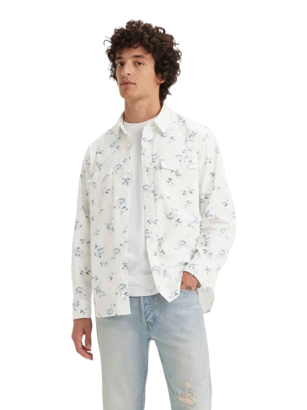 Camisa Western branca Estampada flores Azuis